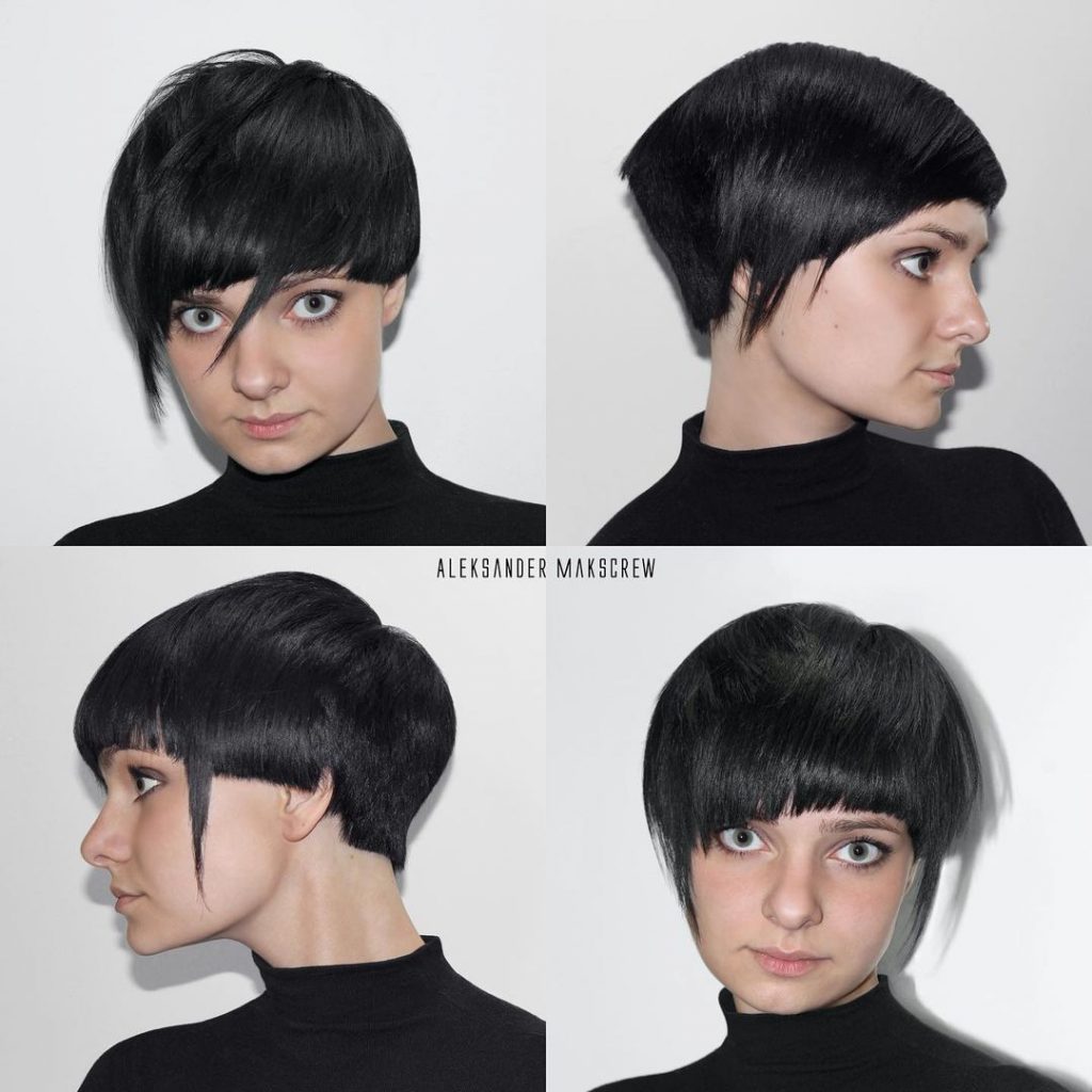 black edgy pixie cut with asymmetrical bangs