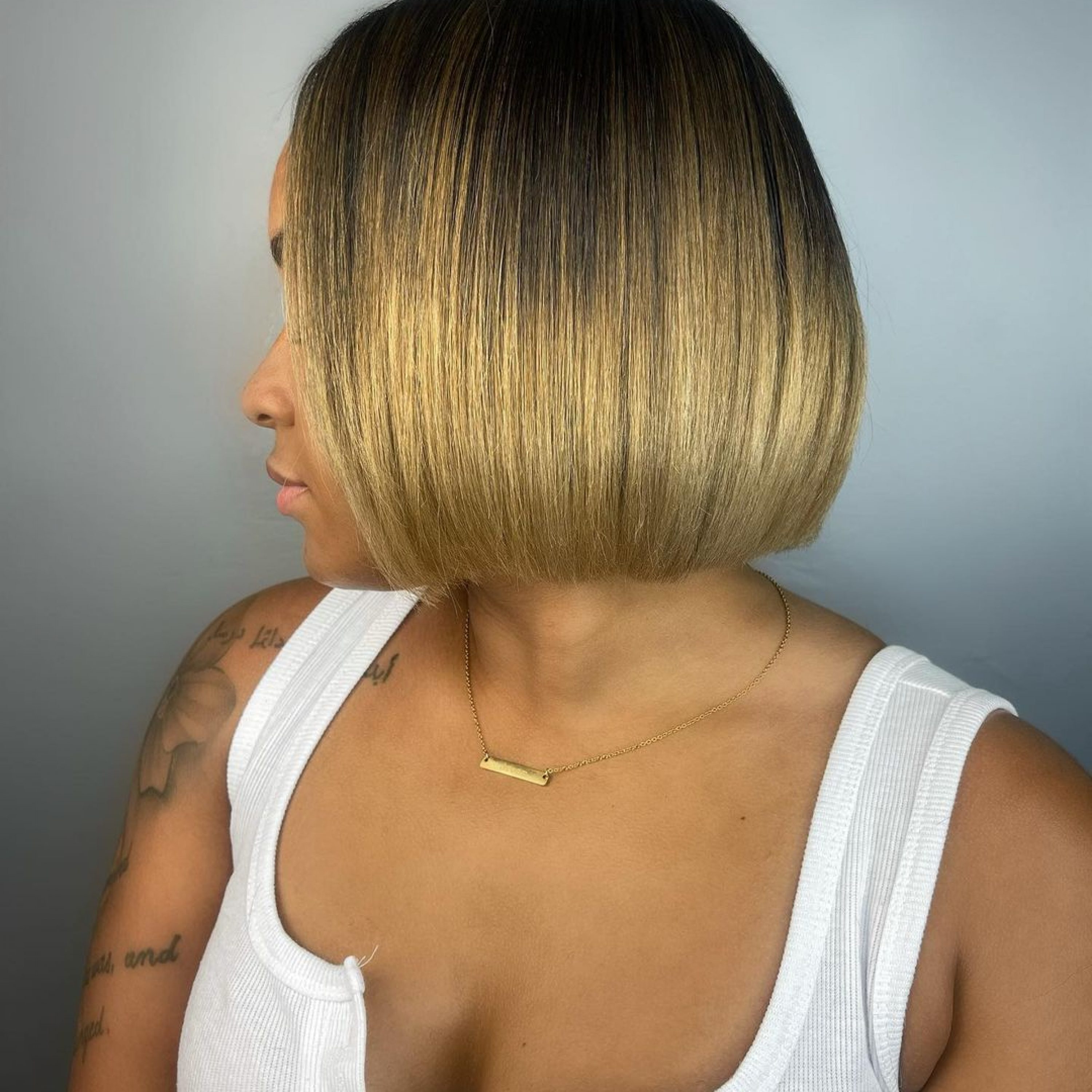 sleek golden blonde bob