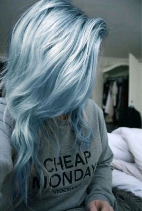 fabulous long pastel blue hair with waves and much volume will make a statement in your look