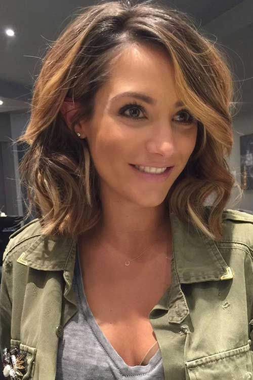 a long brunette bob with caramel and honey balayage, waves and dimension is a stylish and catchy idea that always works